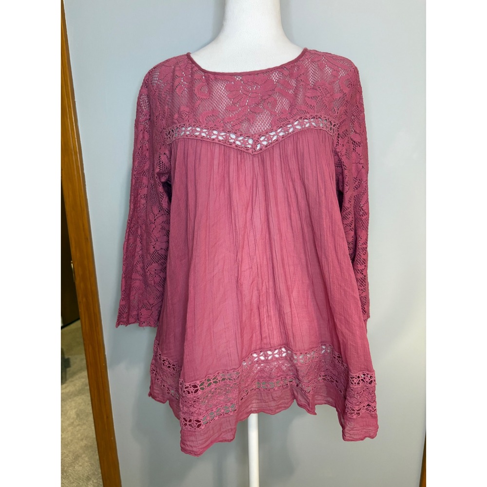 Free‎ People FP One Golden Age Lace Long Sleeve Open Back Cotton Top Small